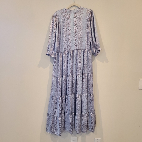 KARLIE Icy Blue And Brown Dot Print Satin Oversized Tiered Maxi Dress - Picture 8 of 12